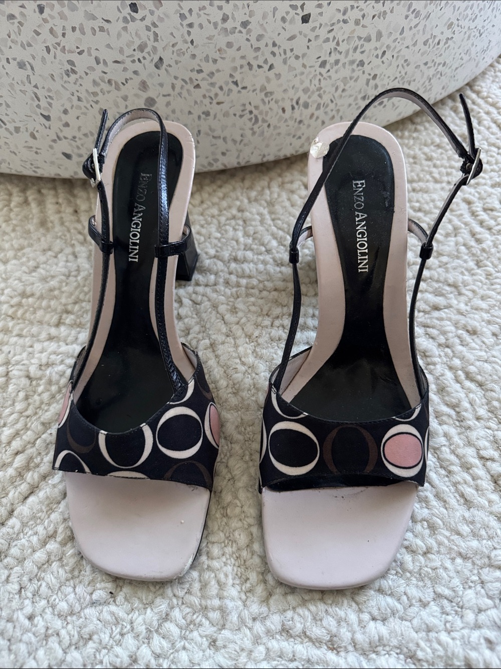 Enzo Angiolini Black and Pink Circle-Print Slingback Heels